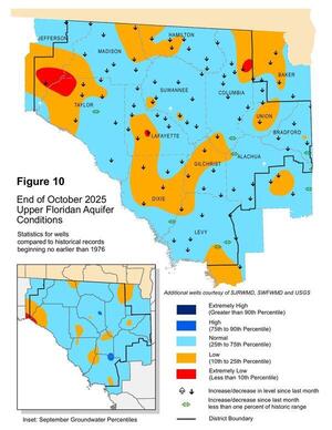 [Map: Figure 10: End of October 2025 Upper Floridan Aquifer Conditions]