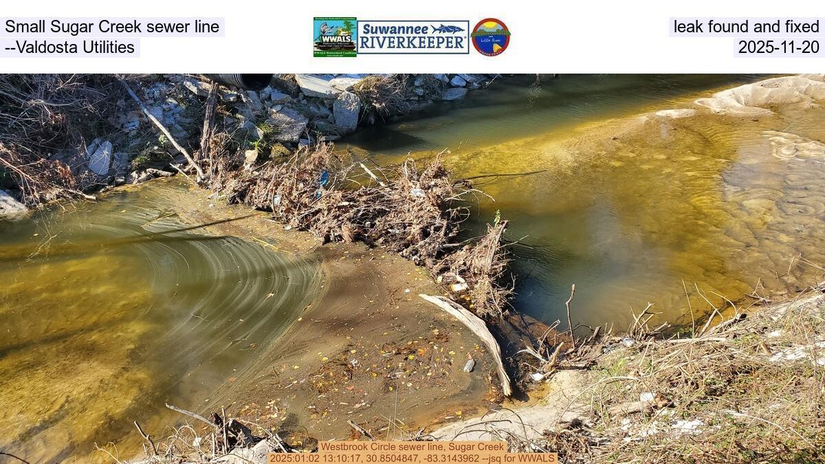 Small Sugar Creek sewer line leak found and fixed --Valdosta Utilities, 2025-11-20