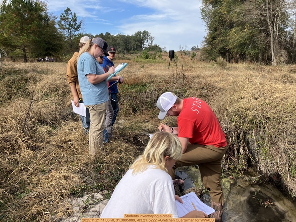 Students inventorying a creek, 2025:11:21 11:03:50, 31.3895889, -83.2175222 --Gretchen Quarterman for WWALS