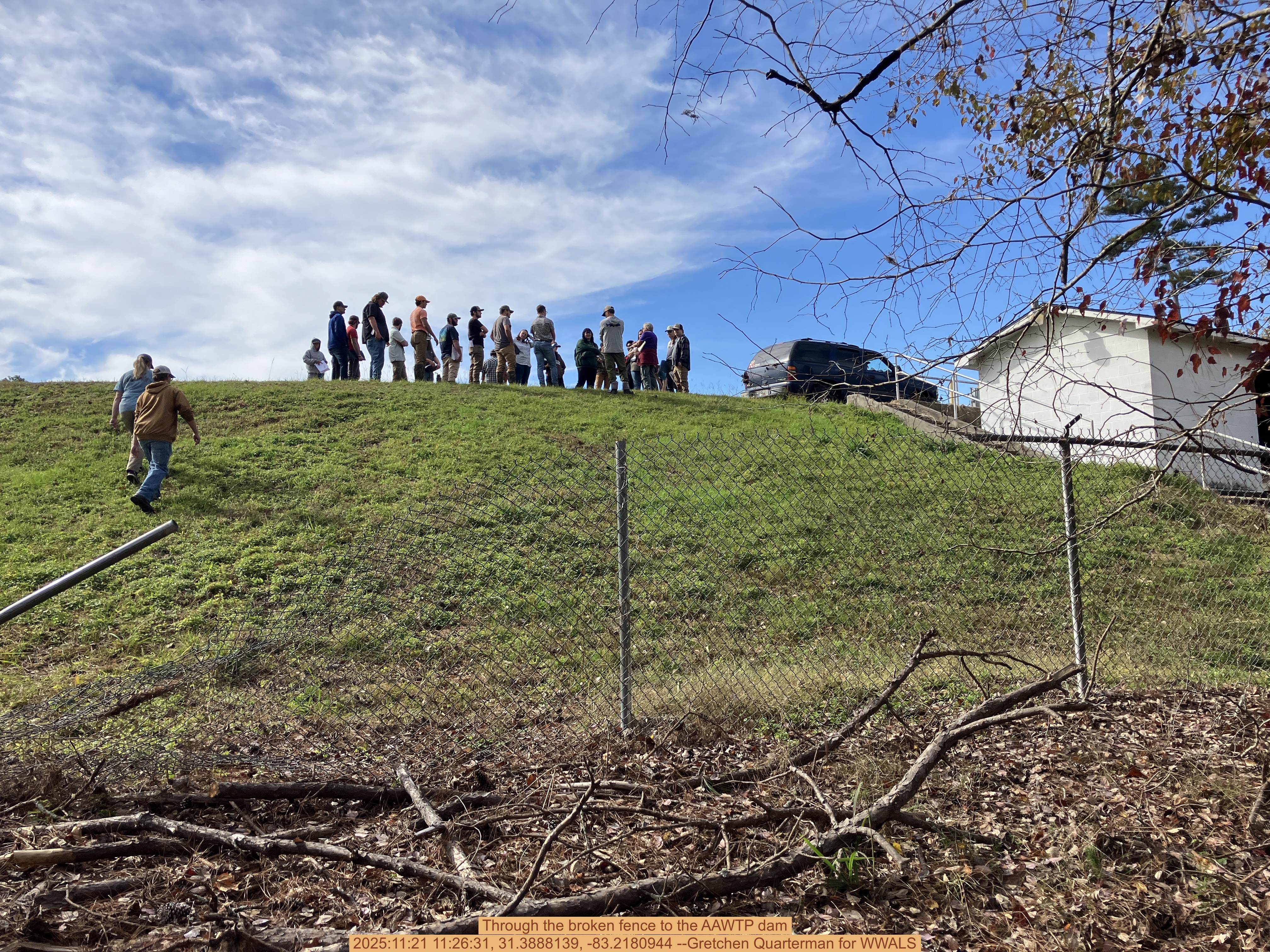 Through the broken fence to the AAWTP dam, 2025:11:21 11:26:31, 31.3888139, -83.2180944 --Gretchen Quarterman for WWALS