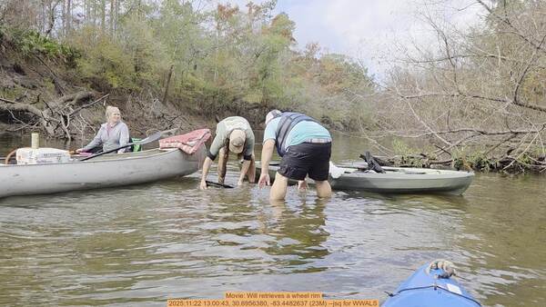 Movie: Will retrieves a wheel rim, 2025:11:22 13:00:43, 30.6956380, -83.4482637 (23M) --jsq for WWALS