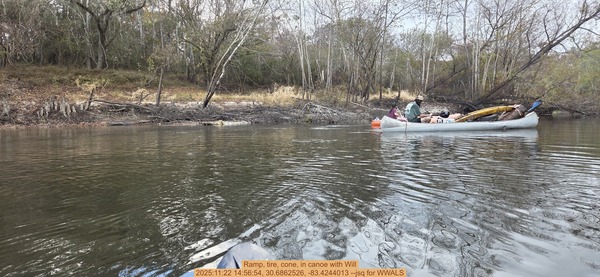Ramp, tire, cone, in canoe with Will, 2025:11:22 14:56:54, 30.6862526, -83.4244013 --jsq for WWALS