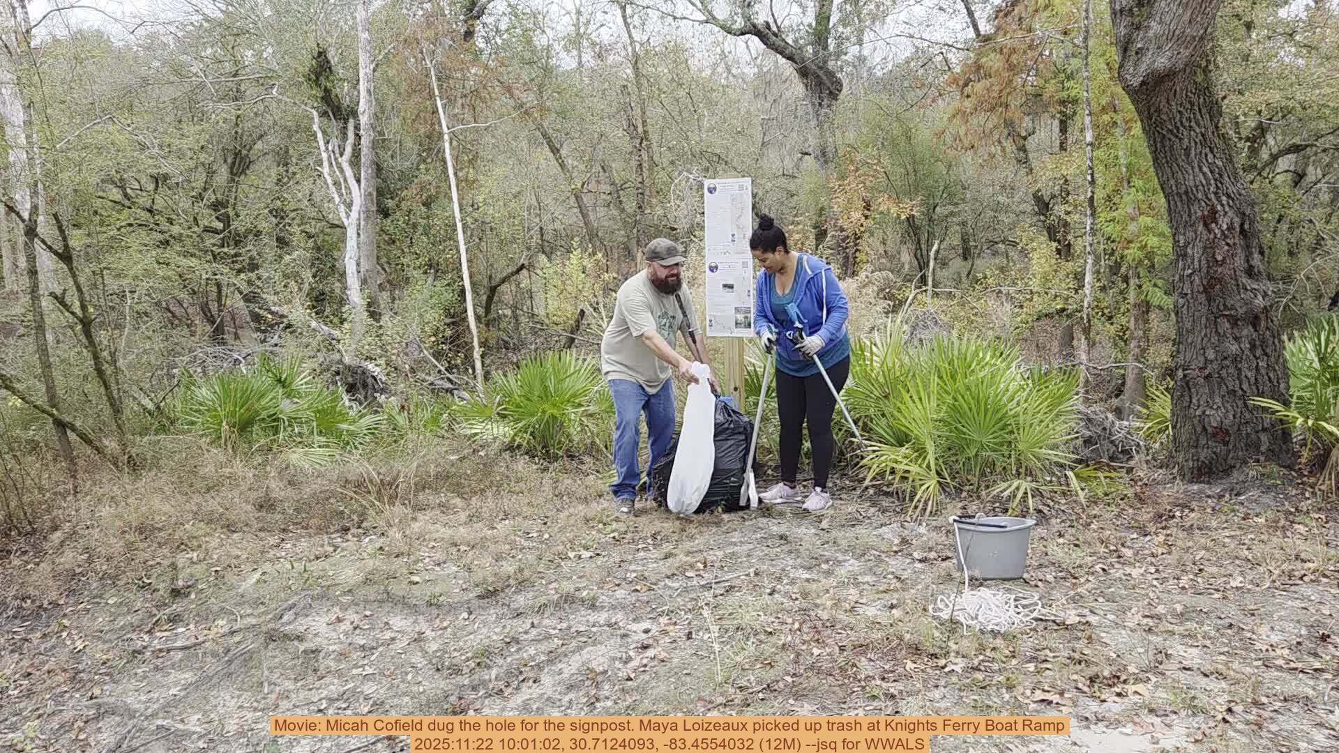 Movie: Micah Cofield dug the hole for the signpost. Maya Loizeaux picked up trash at Knights Ferry Boat Ramp, 2025:11:22 10:01:02, 30.7124093, -83.4554032 (12M) --jsq for WWALS