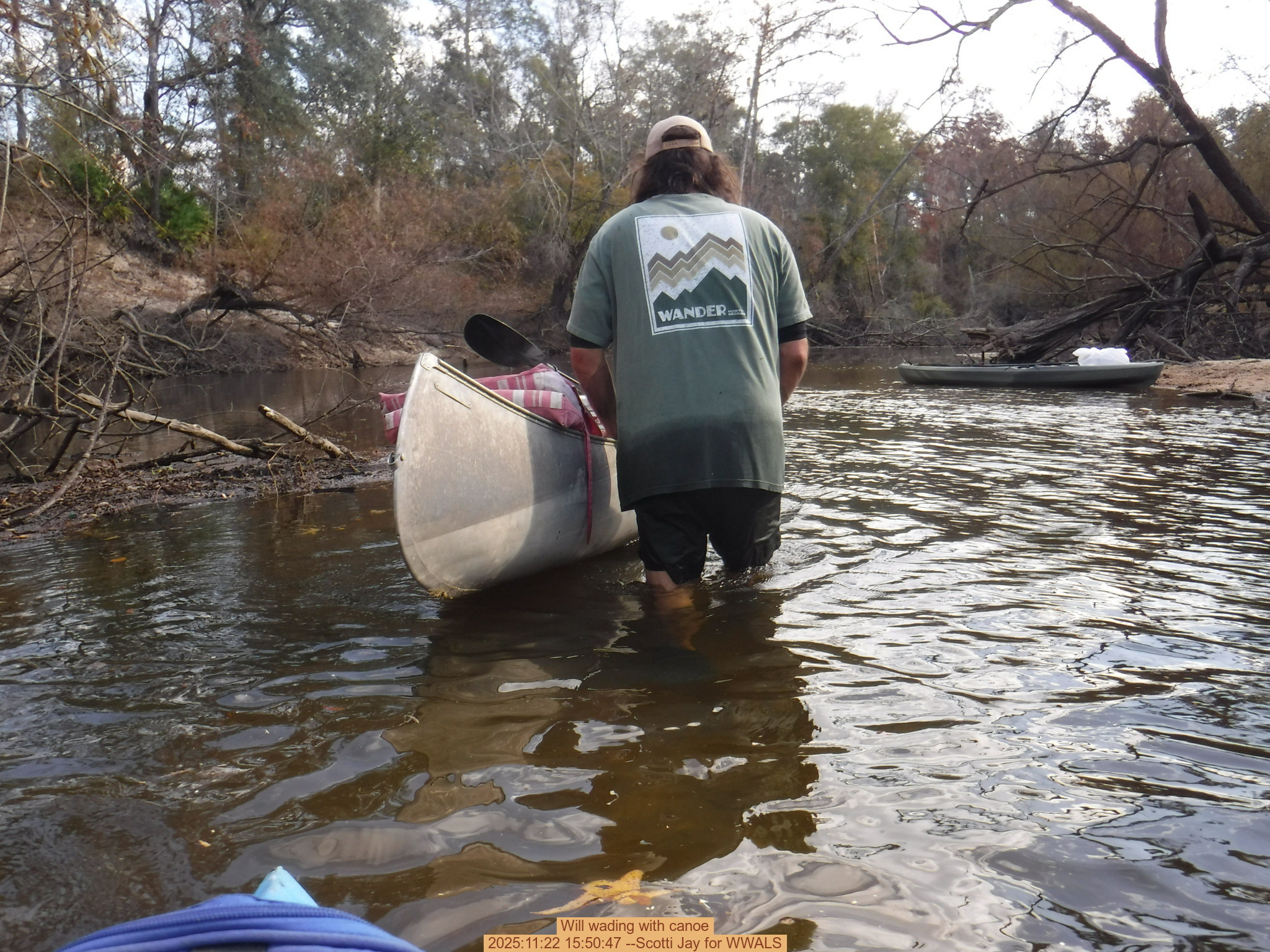 Will wading with canoe, 2025:11:22 15:50:47 --Scotti Jay for WWALS