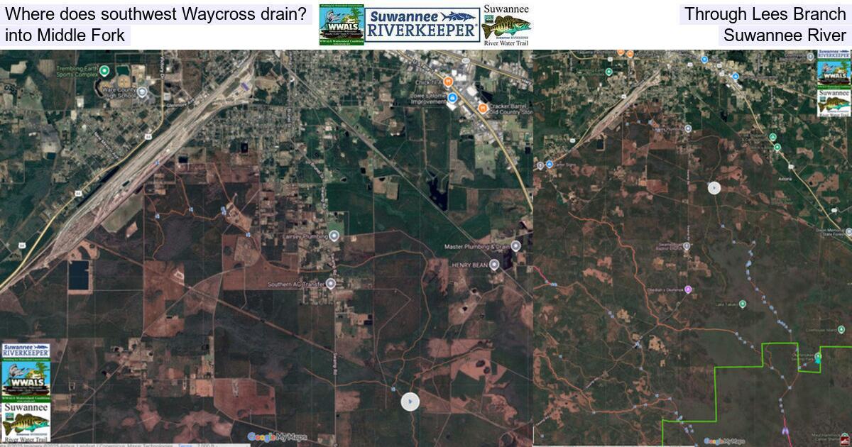 Where does southwest Waycross drain? Through Lees Branch, into Middle Fork, Suwannee River