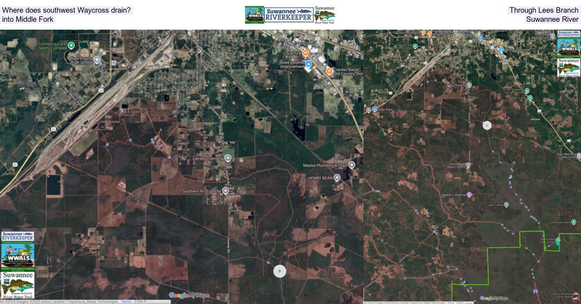 Where does southwest Waycross drain? Through Lees Branch, into Middle Fork, Suwannee River