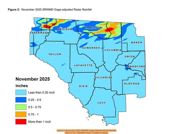 Figure 2: November 2025 SRWMD Gage-adjusted Radar Rainfall, 2025-11-30 --SRWMD Hydro Conditions Report