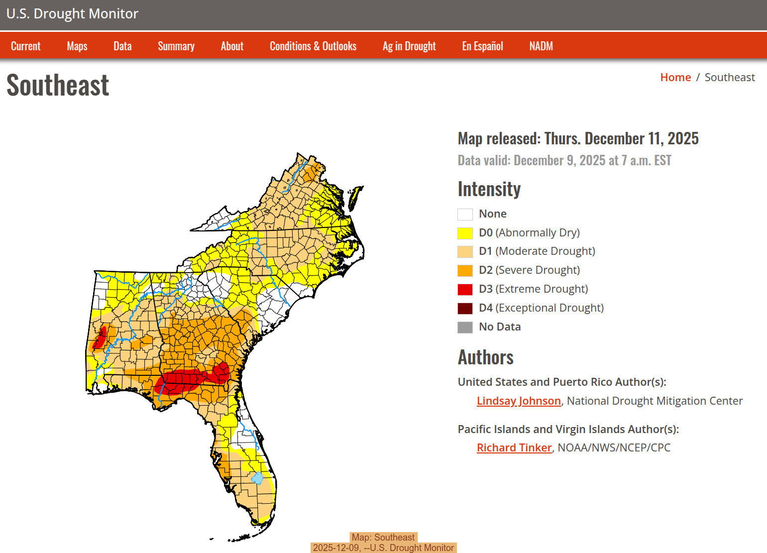 Map: Southeast, 2025-12-09, --U.S. Drought Monitor