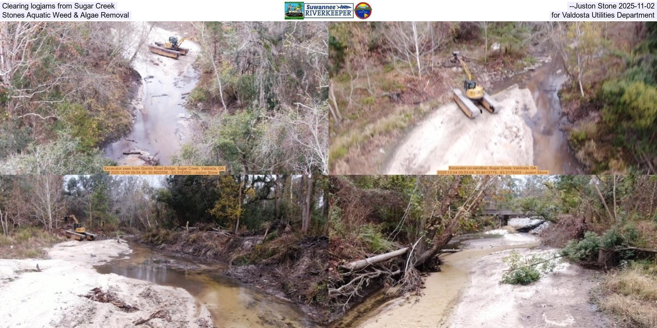 Clearing logjams from Sugar Creek --Juston Stone 2025-11-02, Stones Aquatic Weed & Algae Removal, for Valdosta Utilities Department