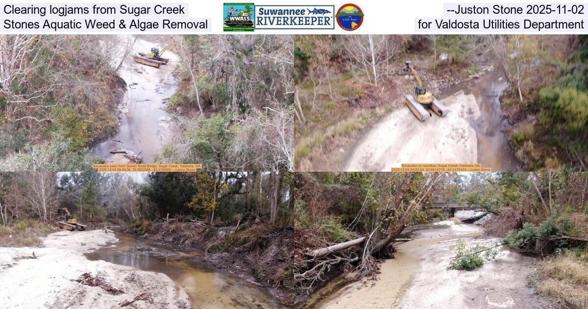 Clearing logjams from Sugar Creek --Juston Stone 2025-11-02, Stones Aquatic Weed & Algae Removal, for Valdosta Utilities Department