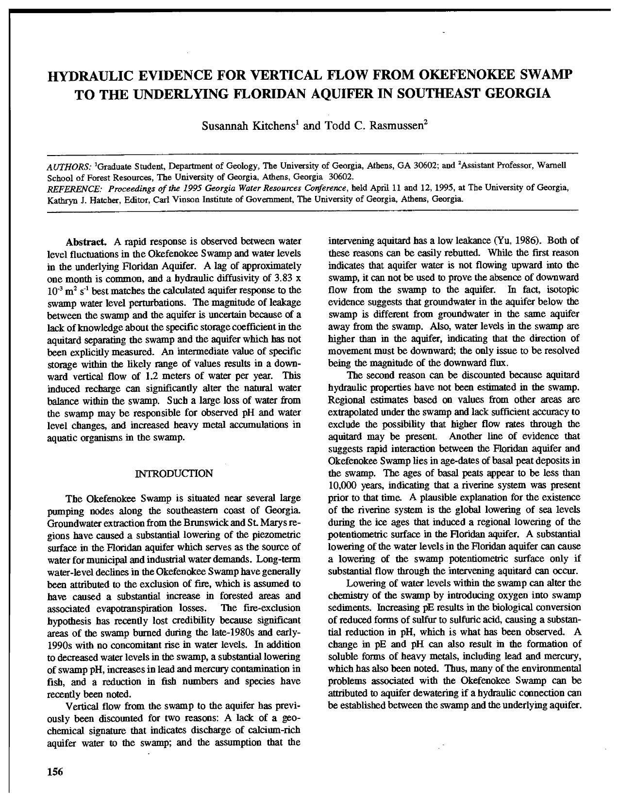 HYDRAULIC EVIDENCE FOR VERTICAL FLOW FROM OKEFENOKEE SWAMP TO THE UNDERLYING FLORIDAN AQUIFER IN SOUTHEAST GEORGIA, 1995-04-11 --Todd C. Rasmussen and Susannah Kitchens