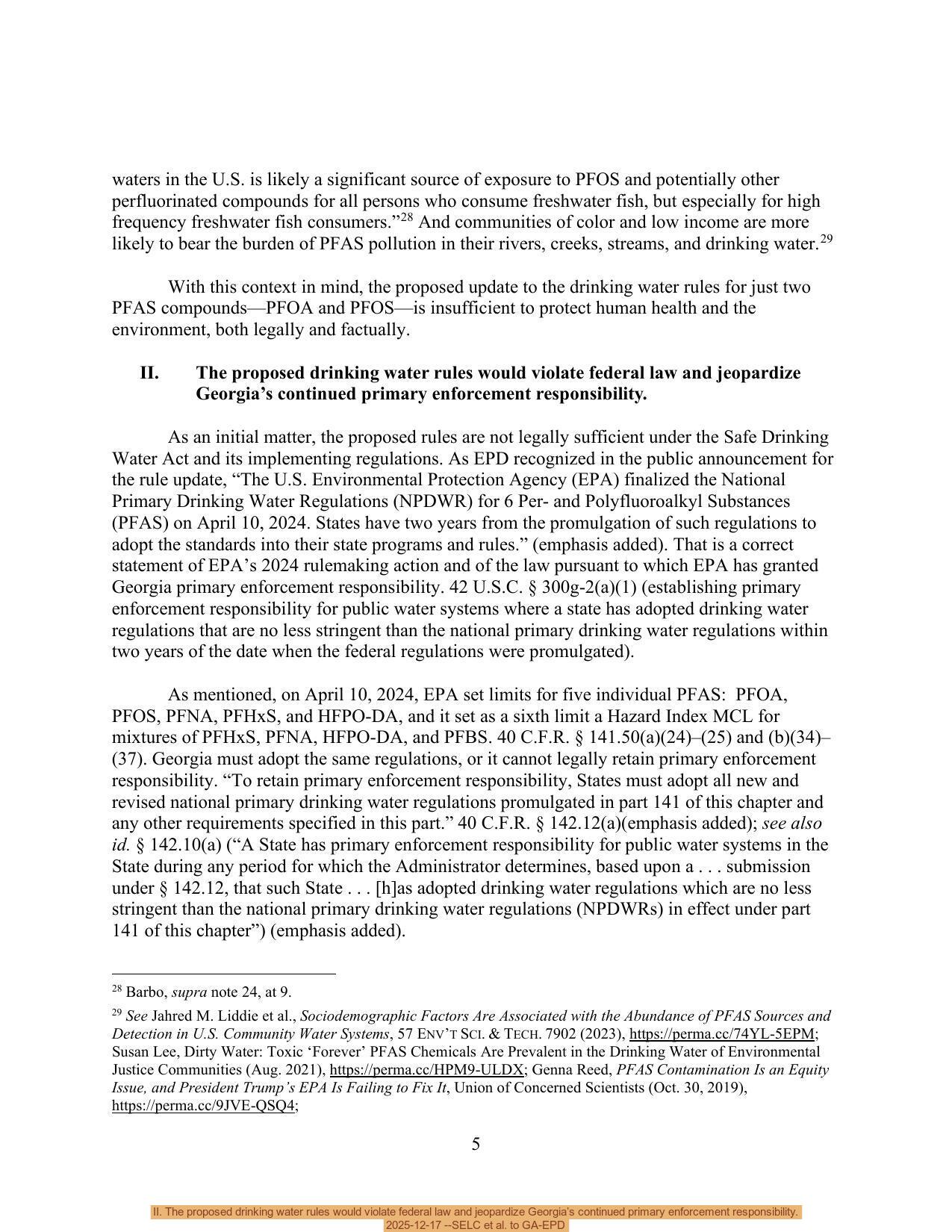 II. The proposed drinking water rules would violate federal law and jeopardize Georgia’s continued primary enforcement responsibility. 2025-12-17 --SELC et al. to GA-EPD