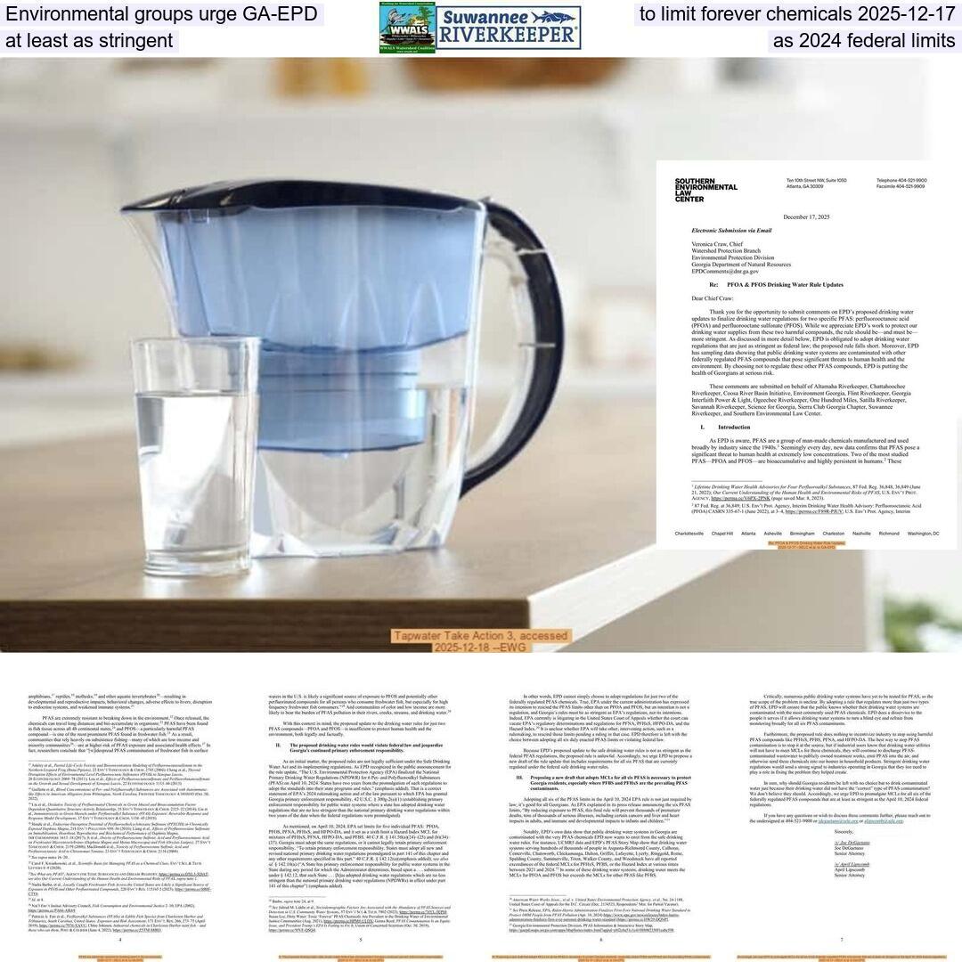 Environmental groups urge GA-EPD to limit forever chemicals 2025-12-17, at least as stringent as 2024 federal limits 2025-12-17 --SELC et al. to GA-EPD