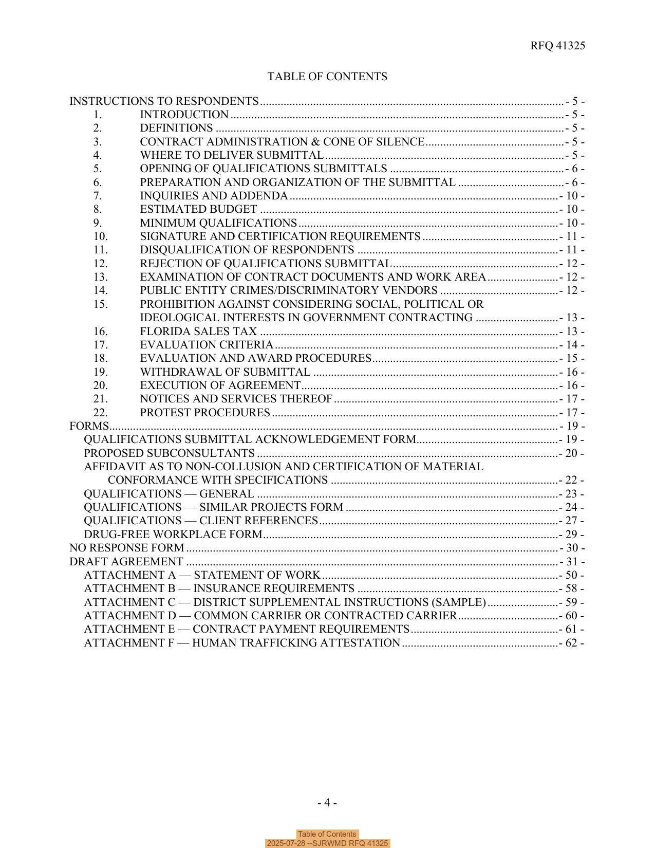 Table of Contents, 2025-07-28 --SJRWMD RFQ 41325