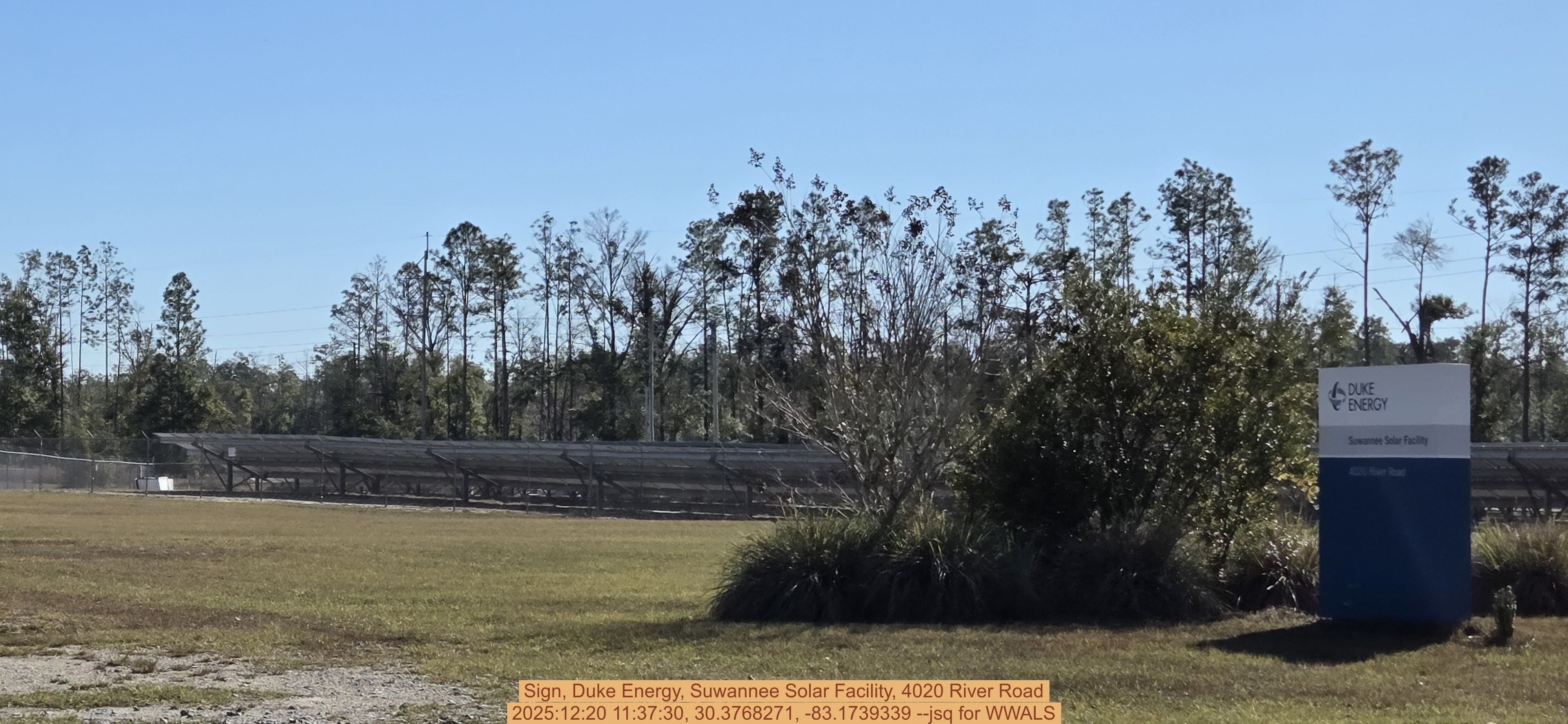 Sign, Duke Energy, Suwannee Solar Facility, 4020 River Road, 2025:12:20 11:37:30, 30.3768271, -83.1739339 --jsq for WWALS