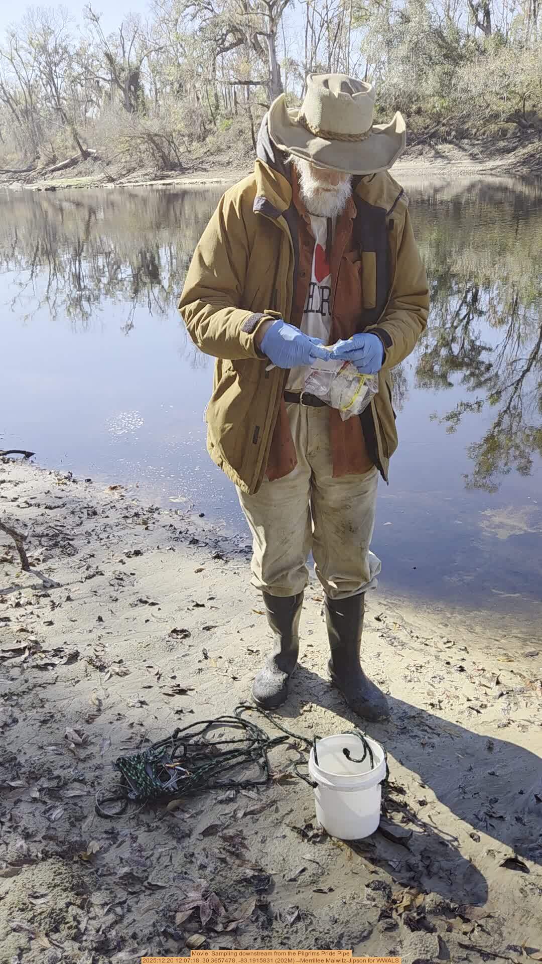 Movie: Sampling downstream from the Pilgrims Pride Pipe, 2025:12:20 12:07:18, 30.3657478, -83.1915831 (202M) --Merrillee Malwitz-Jipson for WWALS