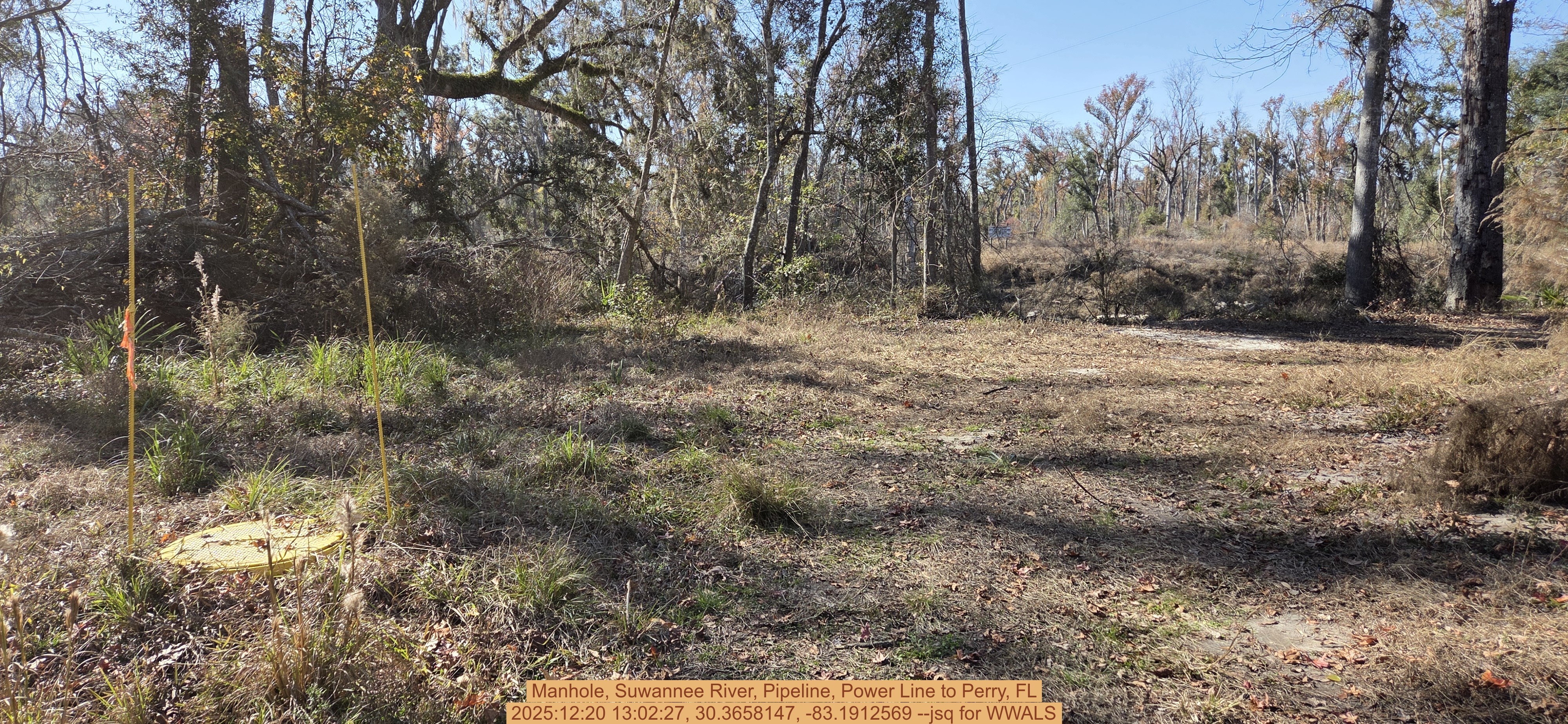 Manhole, Suwannee River, Pipeline, Power Line to Perry, FL, 2025:12:20 13:02:27, 30.3658147, -83.1912569 --jsq for WWALS