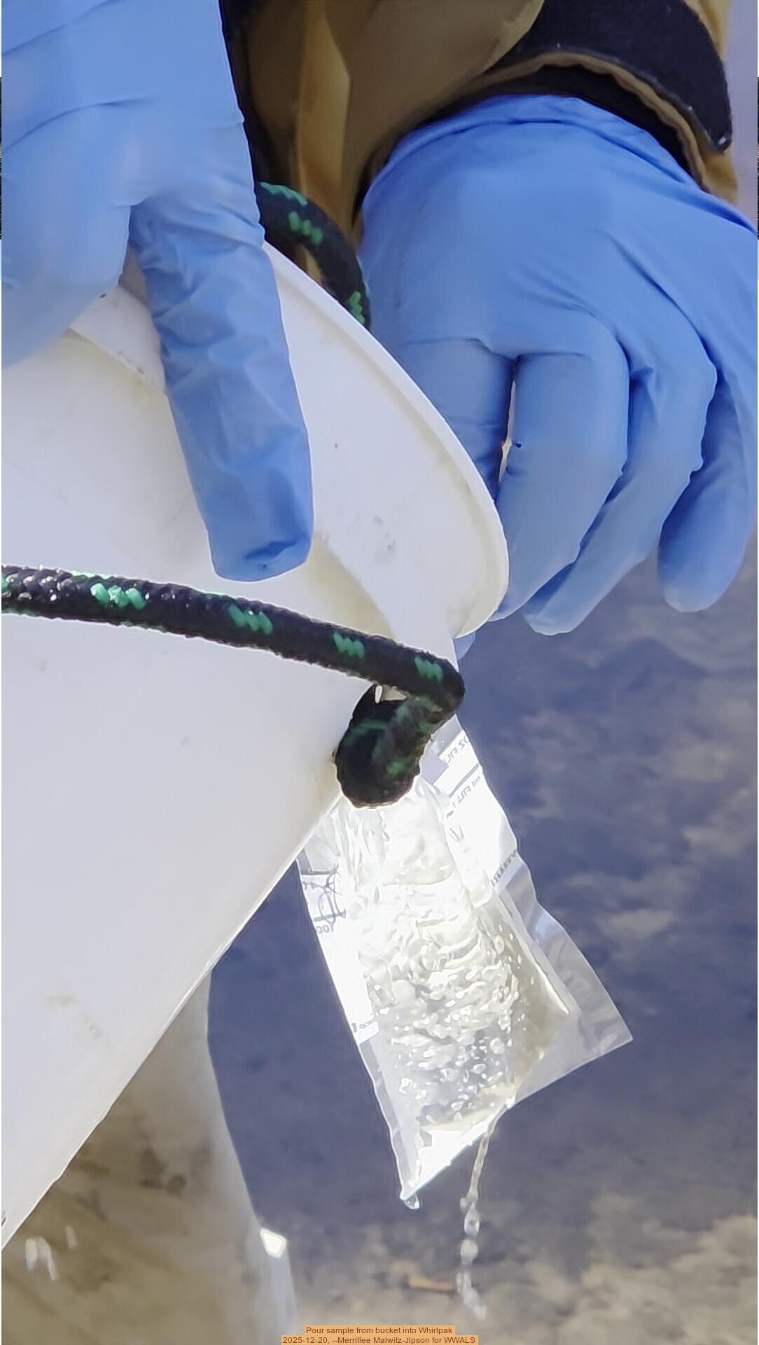 Pour sample from bucket into Whirlpak, 2025-12-20, --Merrillee Malwitz-Jipson for WWALS