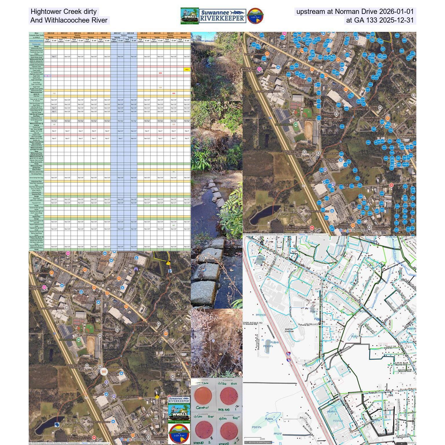 Hightower Creek dirty upstream at Norman Drive 2026-01-01, And Withlacoochee River at GA 133 2025-12-31