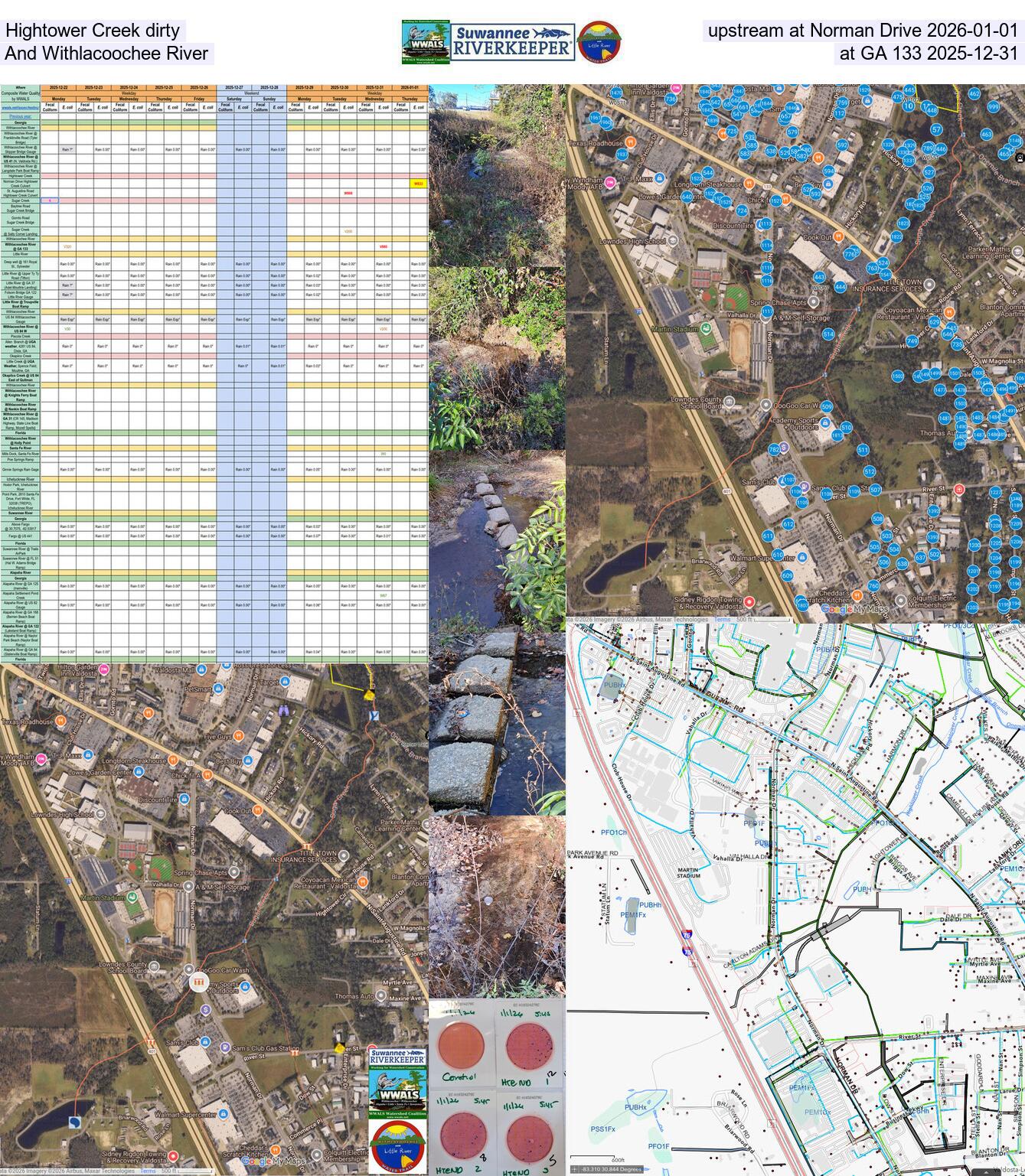Hightower Creek dirty upstream at Norman Drive 2026-01-01, And Withlacoochee River at GA 133 2025-12-31