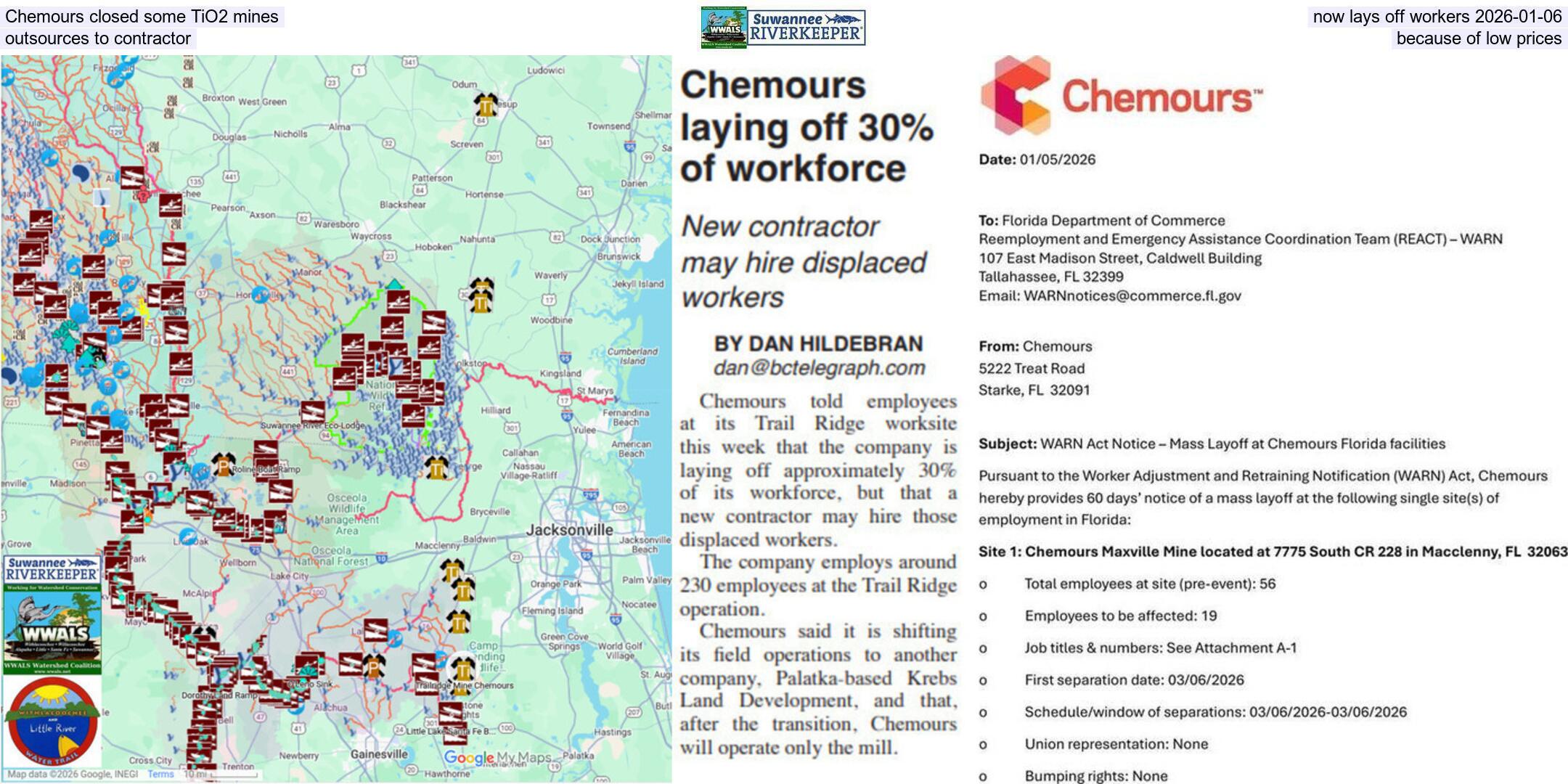 Chemours closed some TiO2 mines, now lays off workers 2026-01-06, outsources to contractor, because of low prices