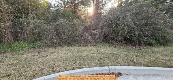 SW corner, SGRC parking lot, cleared path over Force Main, 2026:01:09 16:57:29, 30.8305183, -83.3222103 --jsq for WWALS