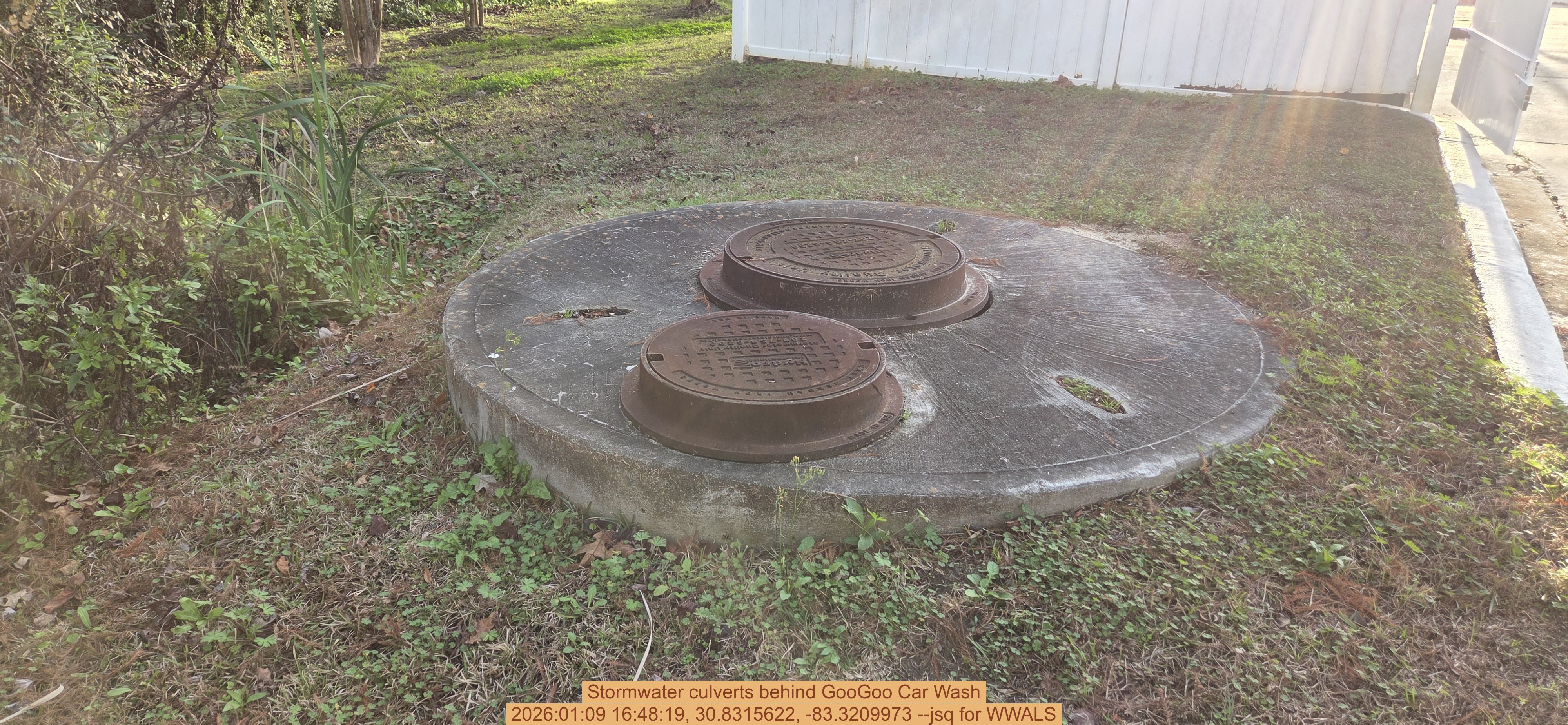 Stormwater culverts behind GooGoo Car Wash, 2026:01:09 16:48:19, 30.8315622, -83.3209973 --jsq for WWALS