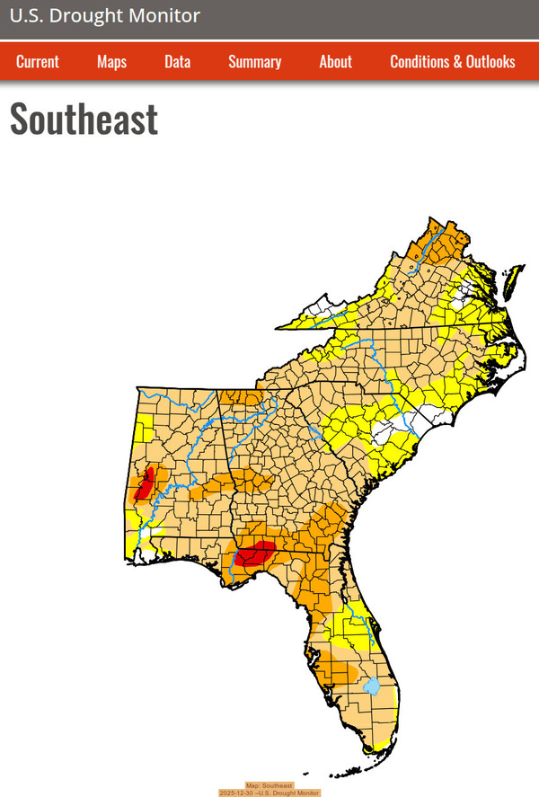 [Map: Southeast, 2025-12-30 --U.S. Drought Monitor]
