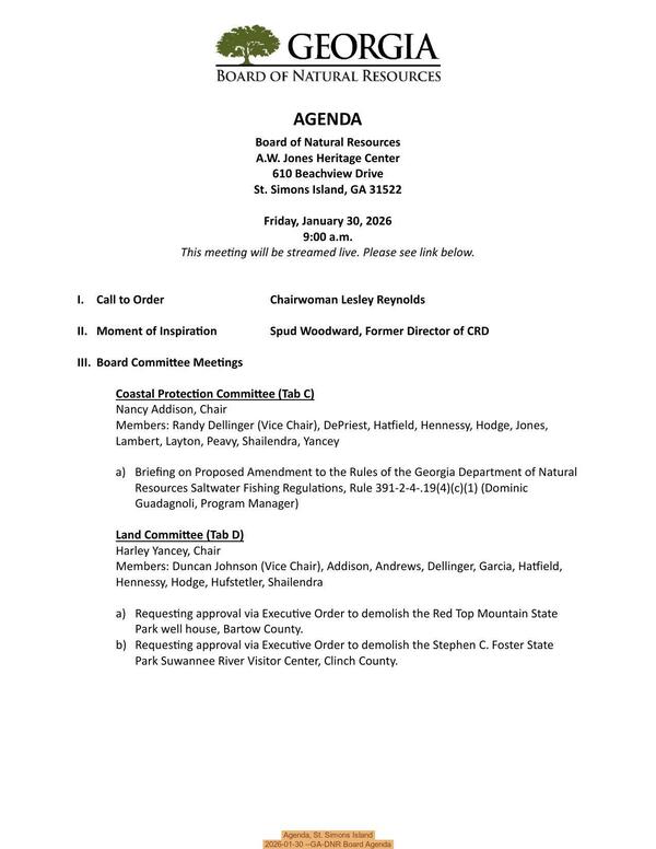 [Agenda, St. Simons Island, 2026-01-30 --GA-DNR Board Agenda]