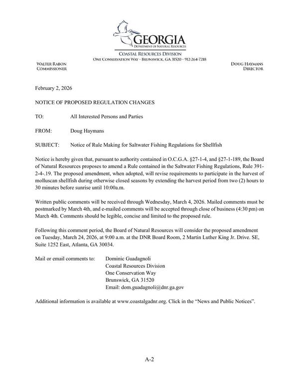 Notice of Rule Making for Saltwater Fishing Regulations for Shellfish