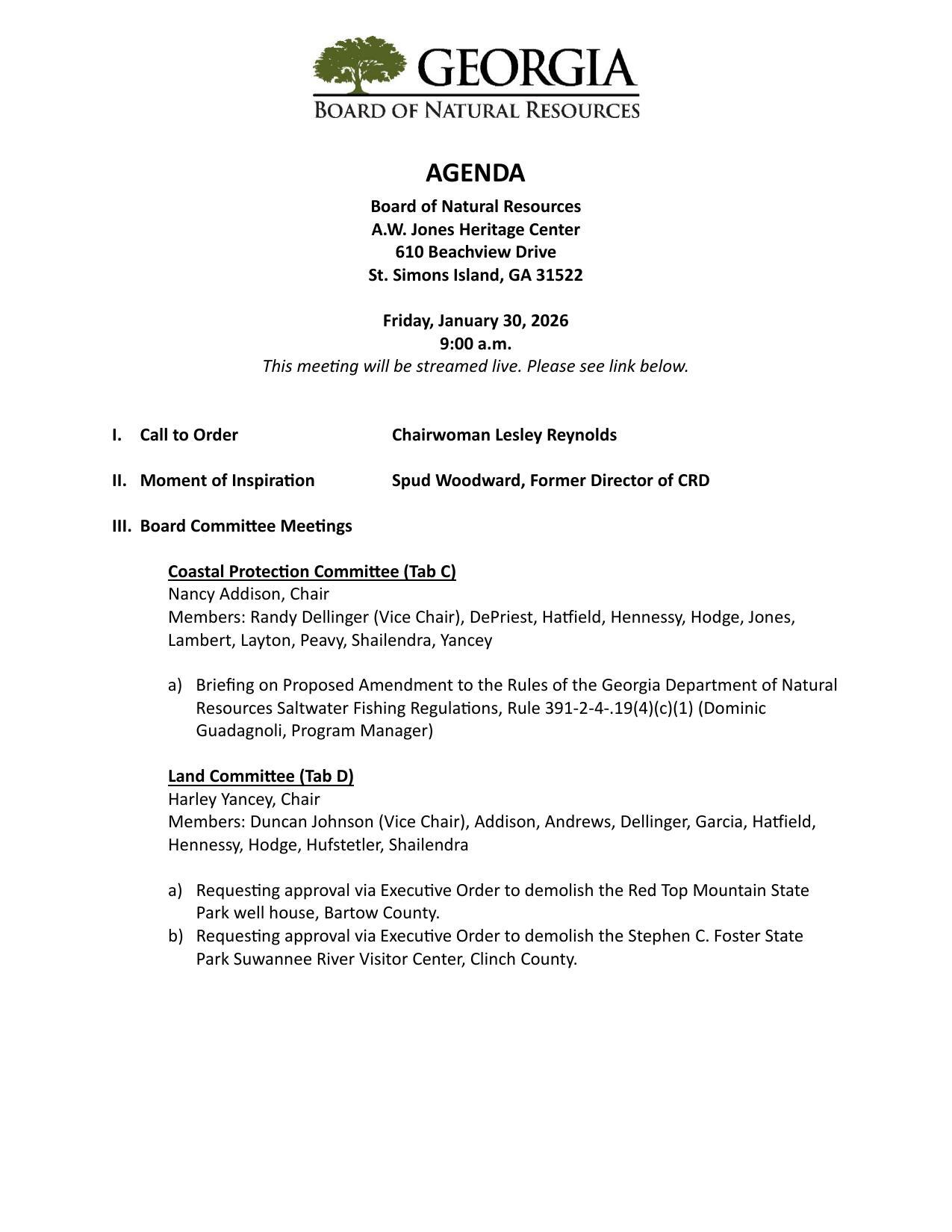 St. Simons Island, GA, Friday, January 30, 2026, 9:00 a.m. and streamed live.