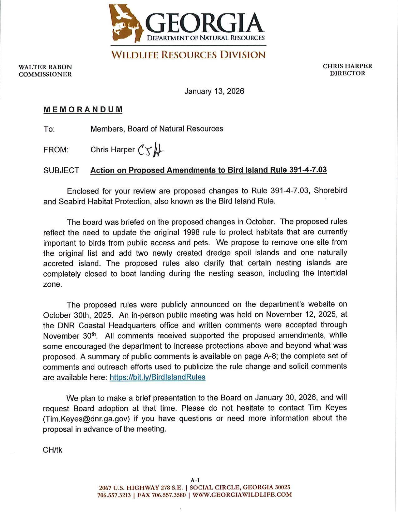 Action on Proposed Amendments to Bird Island Rule 391-4-7.03