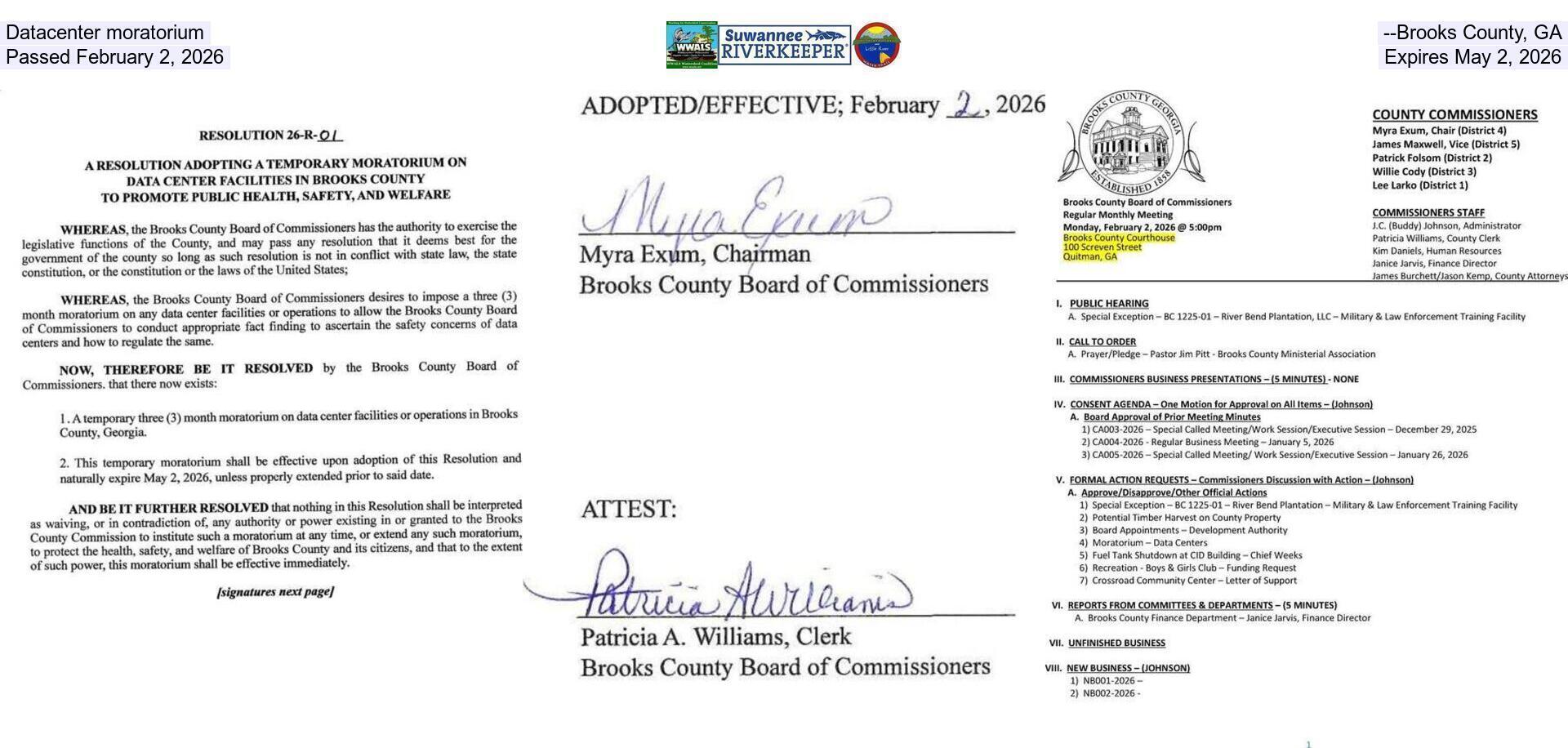 Datacenter moratorium --Brooks County, GA, Passed February 2, 2026, Expires May 2, 2026