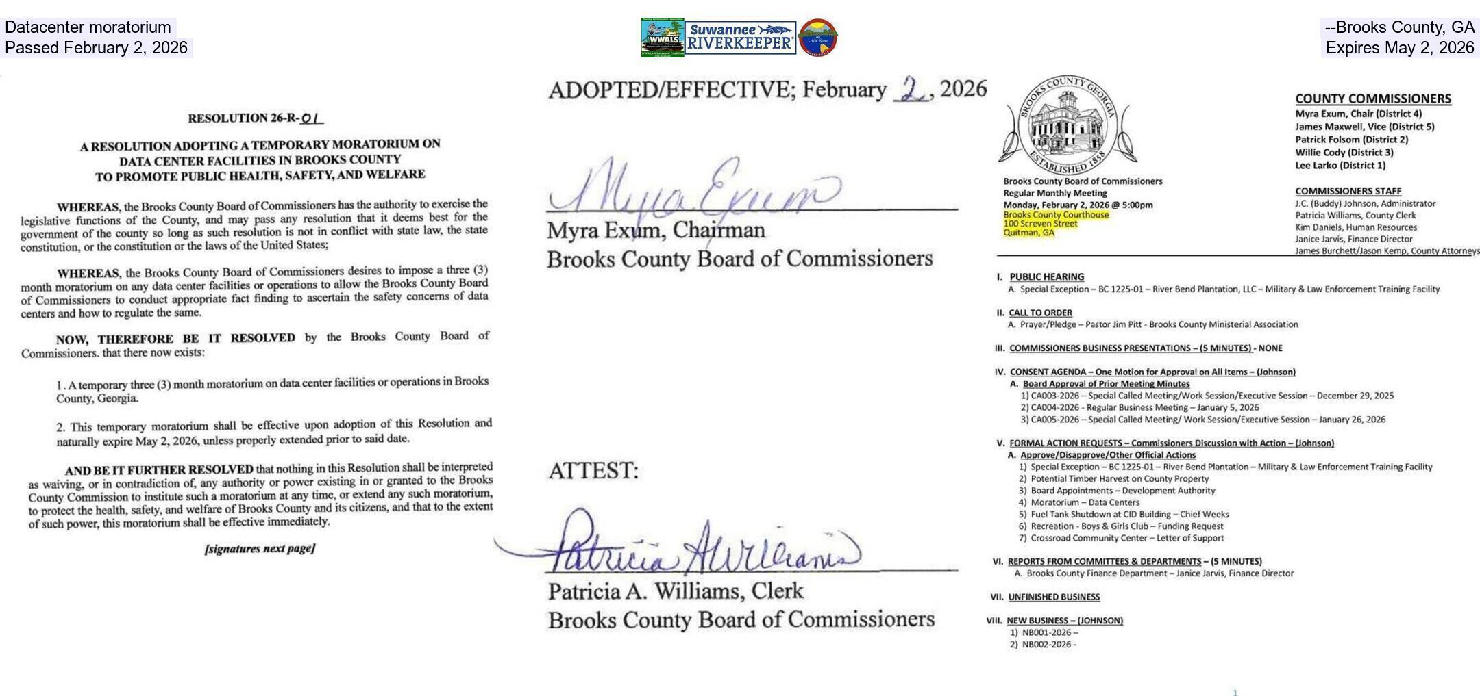 Datacenter moratorium --Brooks County, GA, Passed February 2, 2026, Expires May 2, 2026