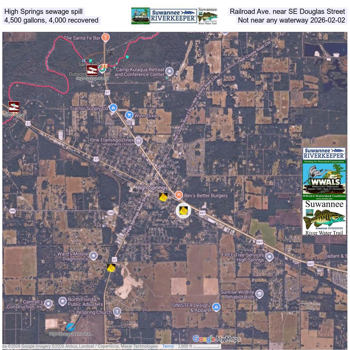 High Springs sewage spill, Railroad Ave. near SE Douglas Street, 4,500 gallons, 4,000 recovered, Not near any waterway 2026-02-02