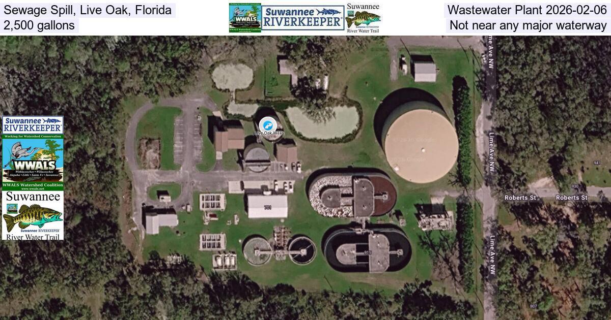 Sewage Spill, Live Oak, Florida, Wastewater Plant 2026-02-06, 2,500 gallons, Not near any major waterway