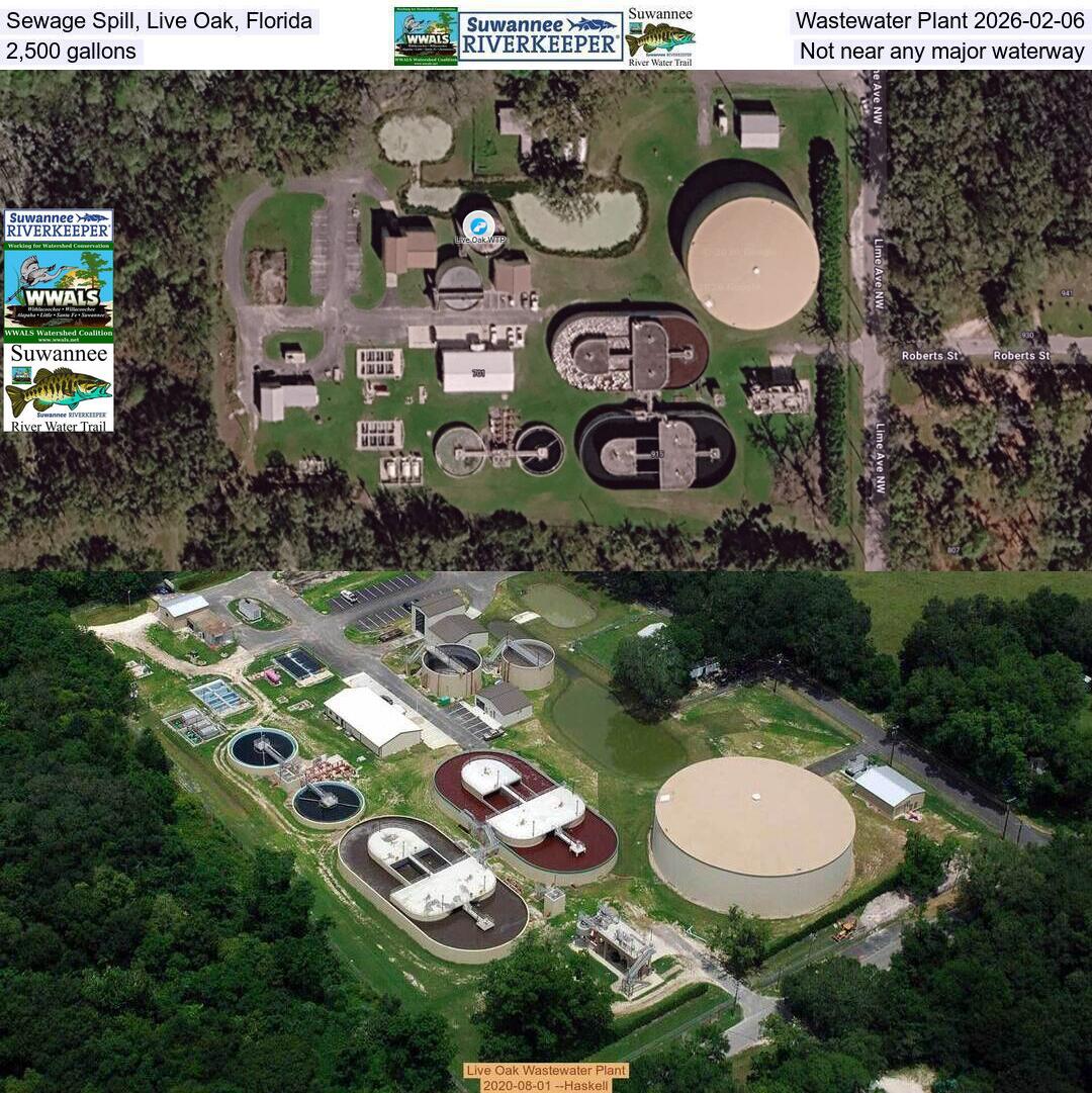 Sewage Spill, Live Oak, Florida, Wastewater Plant 2026-02-06, 2,500 gallons, Not near any major waterway