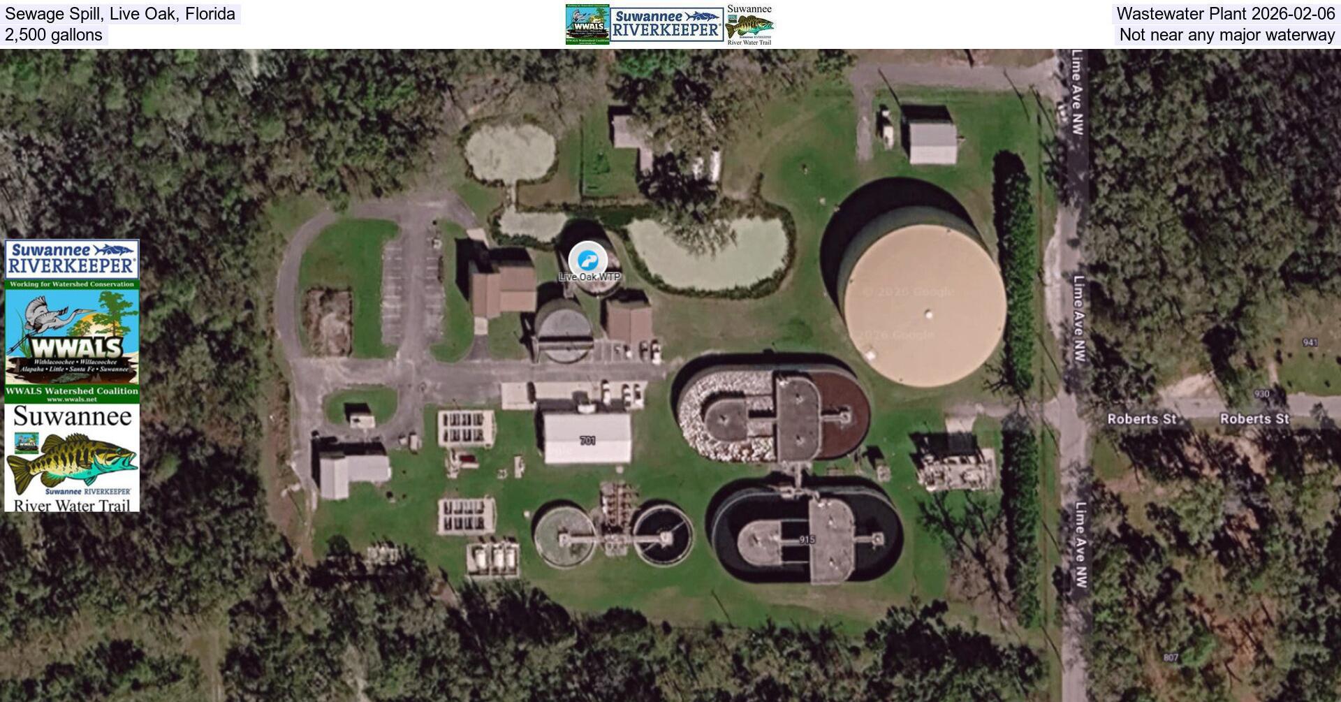 Sewage Spill, Live Oak, Florida, Wastewater Plant 2026-02-06, 2,500 gallons, Not near any major waterway