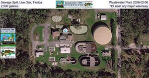 [Sewage Spill, Live Oak, Florida, Wastewater Plant 2026-02-06, 2,500 gallons, Not near any major waterway]
