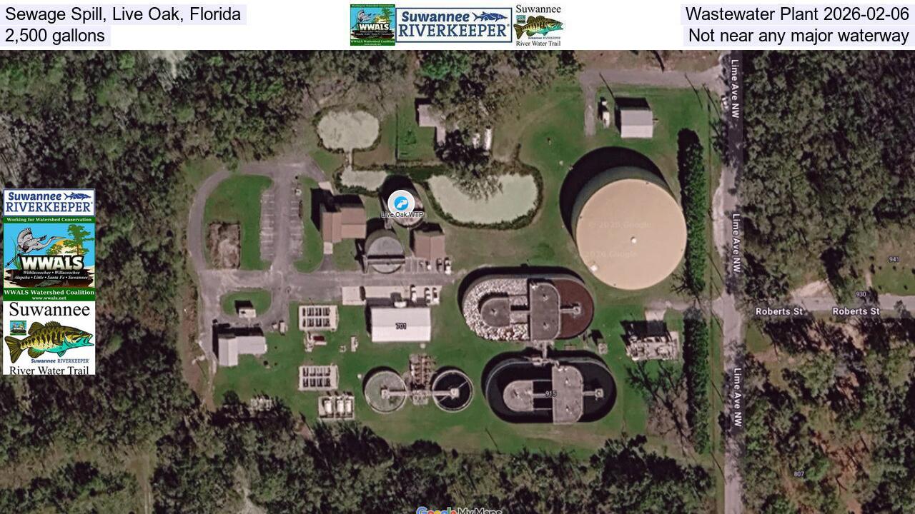 Sewage Spill, Live Oak, Florida, Wastewater Plant 2026-02-06, 2,500 gallons, Not near any major waterway