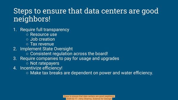 Steps to ensure that data centers are good neighbors!, 2026-02-17 --Amy Sharma, Science for Georgia