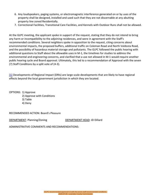 GLPC recommended approval 4:3 with the seven staff-recommended conditions.
