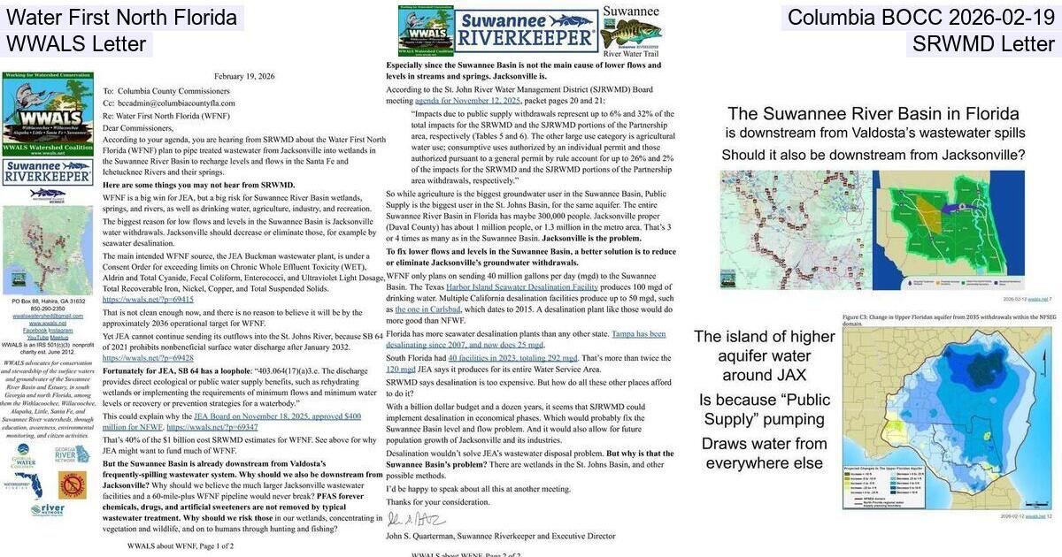 Water First North Florida, Columbia BOCC 2026-02-19, WWALS Letter, SRWMD Letter