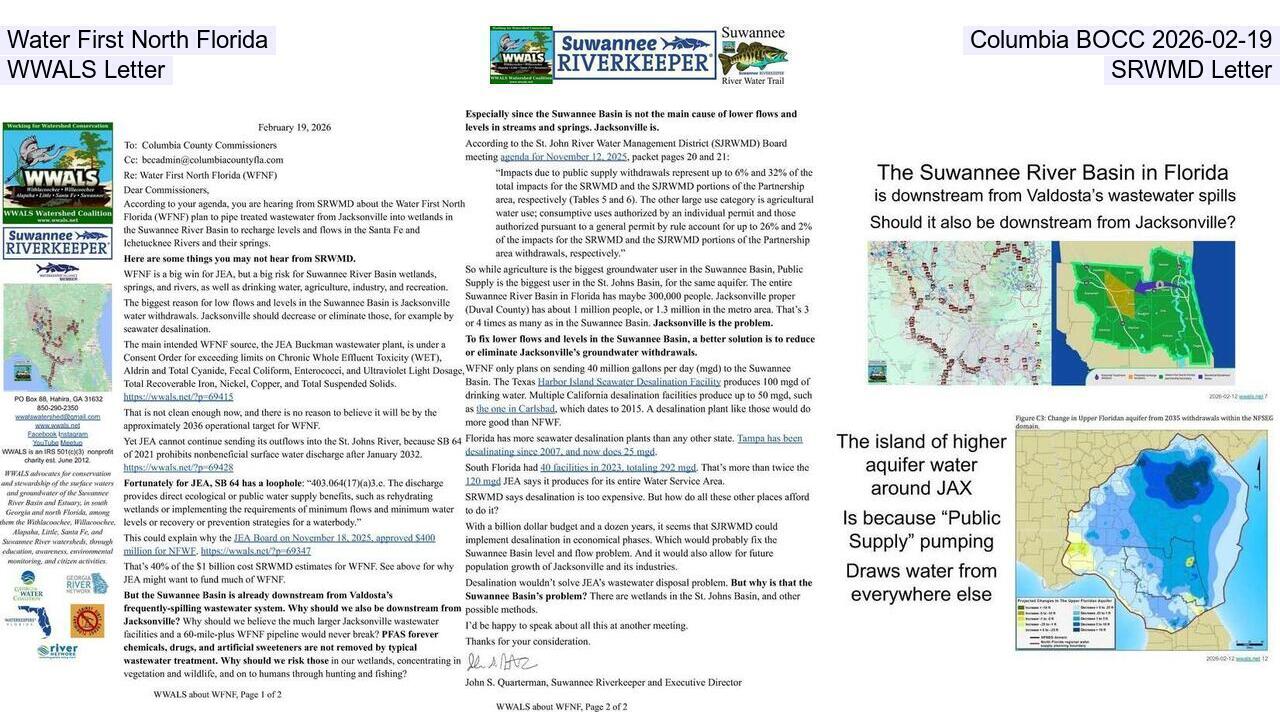 Water First North Florida, Columbia BOCC 2026-02-19, WWALS Letter, SRWMD Letter