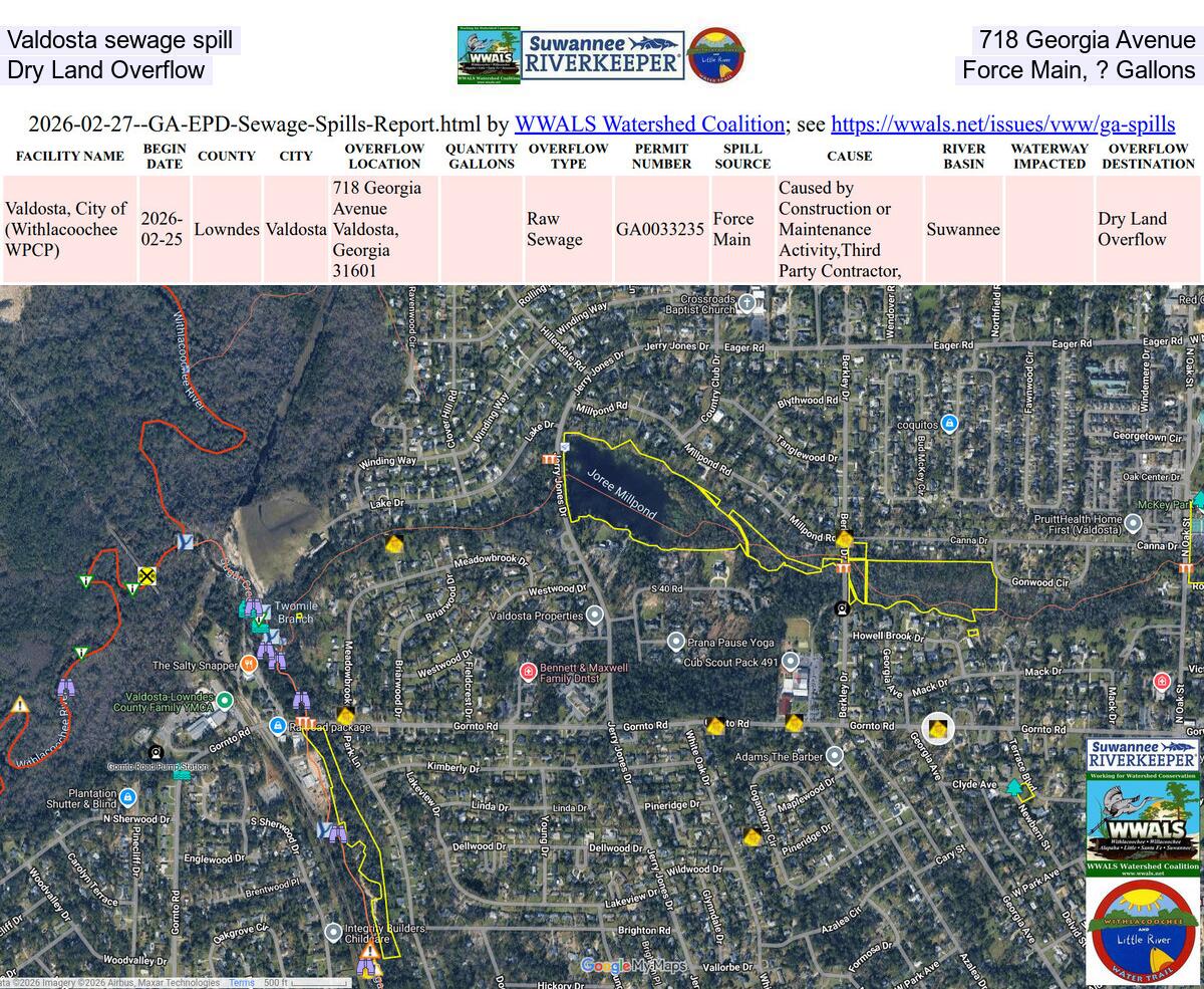 Valdosta sewage spill, 718 Georgia Avenue, Dry Land Overflow, Force Main, Unknown Gallons