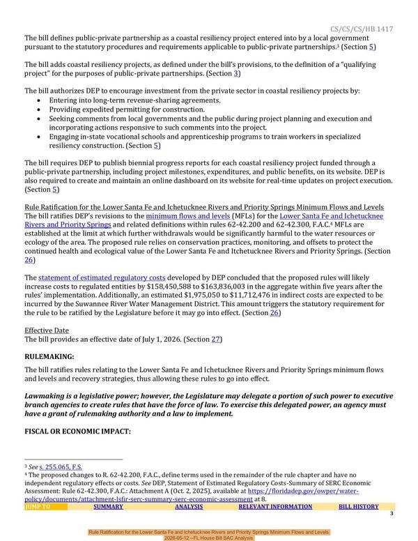Rule Ratification for the Lower Santa Fe and Ichetucknee Rivers and Priority Springs Minimum Flows and Levels, 2026-05-12 --FL House Bill SAC Analysis
