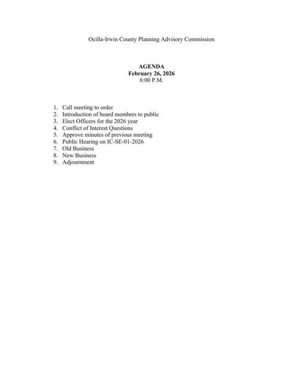 [Agenda, 2026-02-26, Ocilla-Irwin County Planning Advisory Commission]