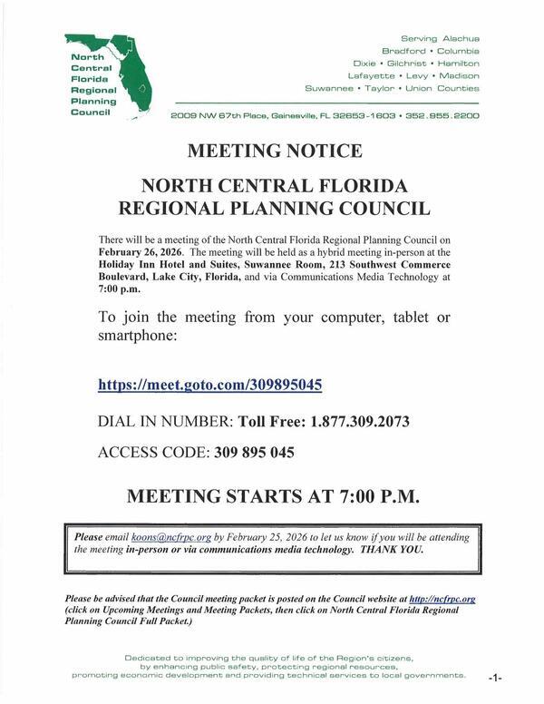 [Meeting Notice: 7 PM, Thursday, February 26, 2026, 2026-02-26 --NCFRPC Agenda]