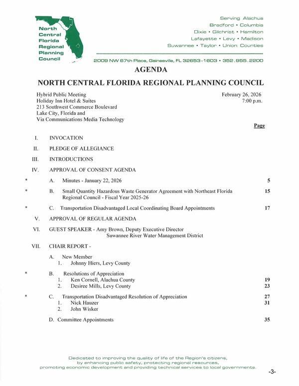 Agenda: VI. GUEST SPEAKER - Amy Brown, Deputy Executive Director Suwannee River Water Management District, 2026-02-26 --NCFRPC Agenda