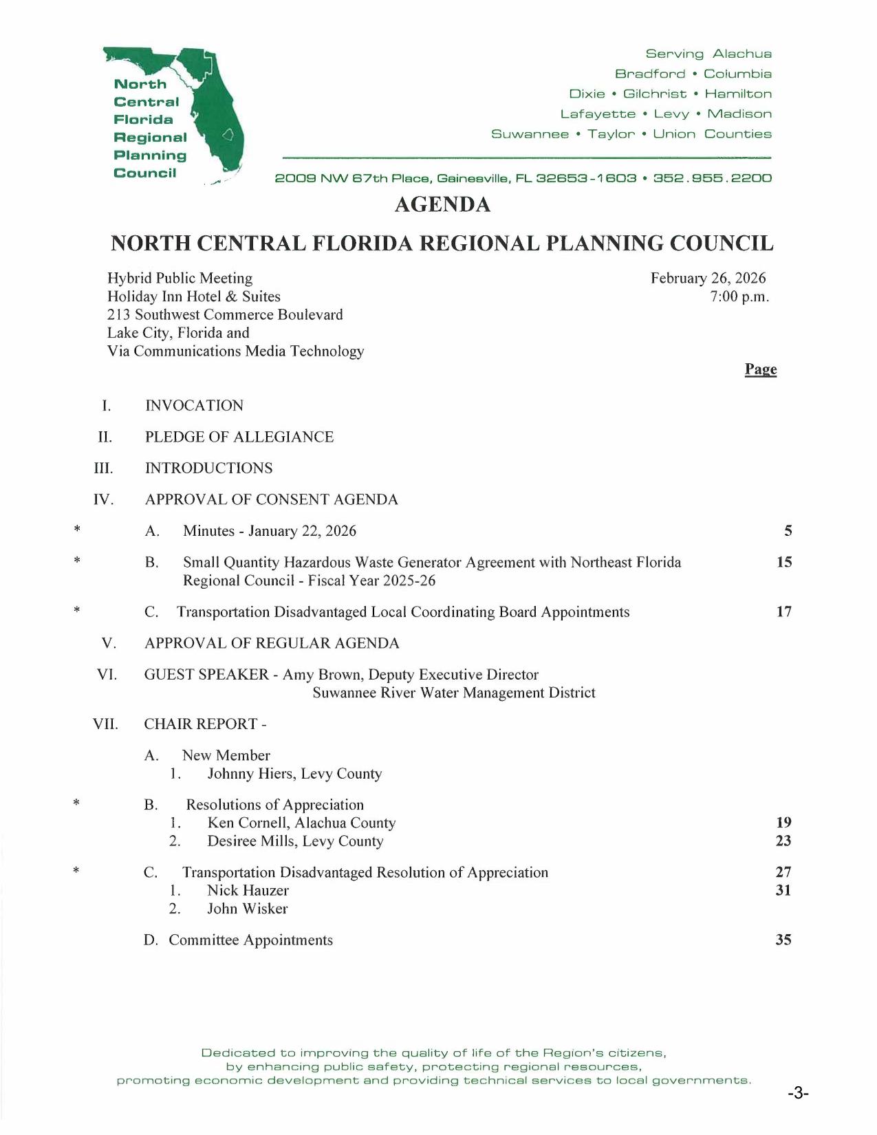 Agenda: VI. GUEST SPEAKER - Amy Brown, Deputy Executive Director Suwannee River Water Management District, 2026-02-26 --NCFRPC Agenda